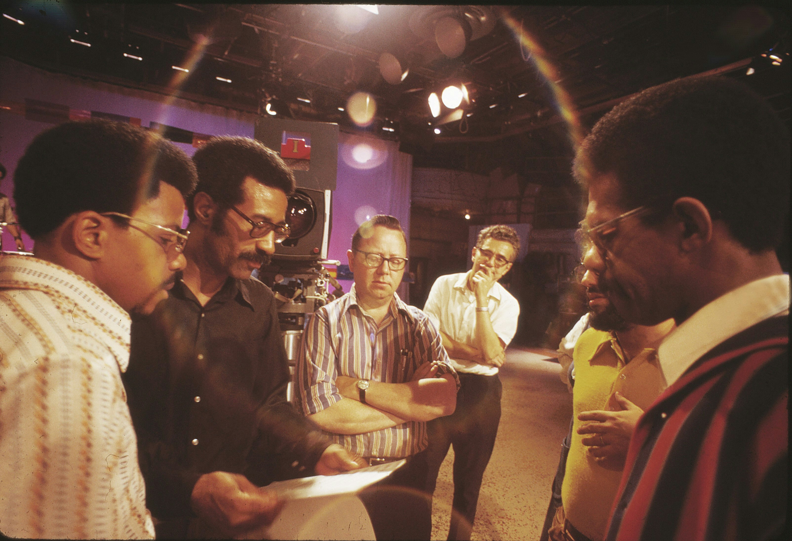Ellis Haizlip and crew with Max Roach on the set of <i>Soul!</i> Photo by Alex Harsley.